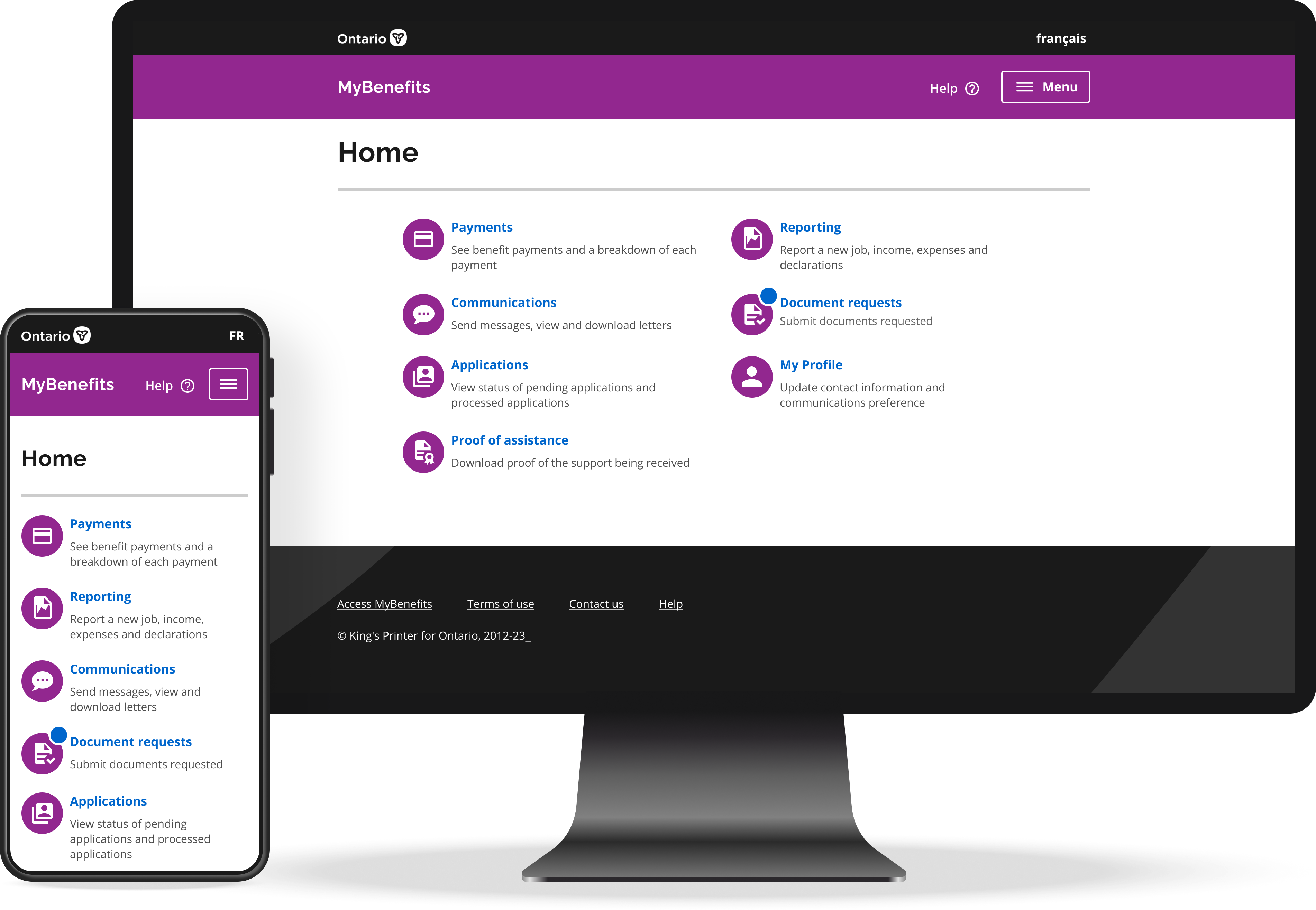 Ontario’s current MyBenefits service shown on a desktop computer and smartphone